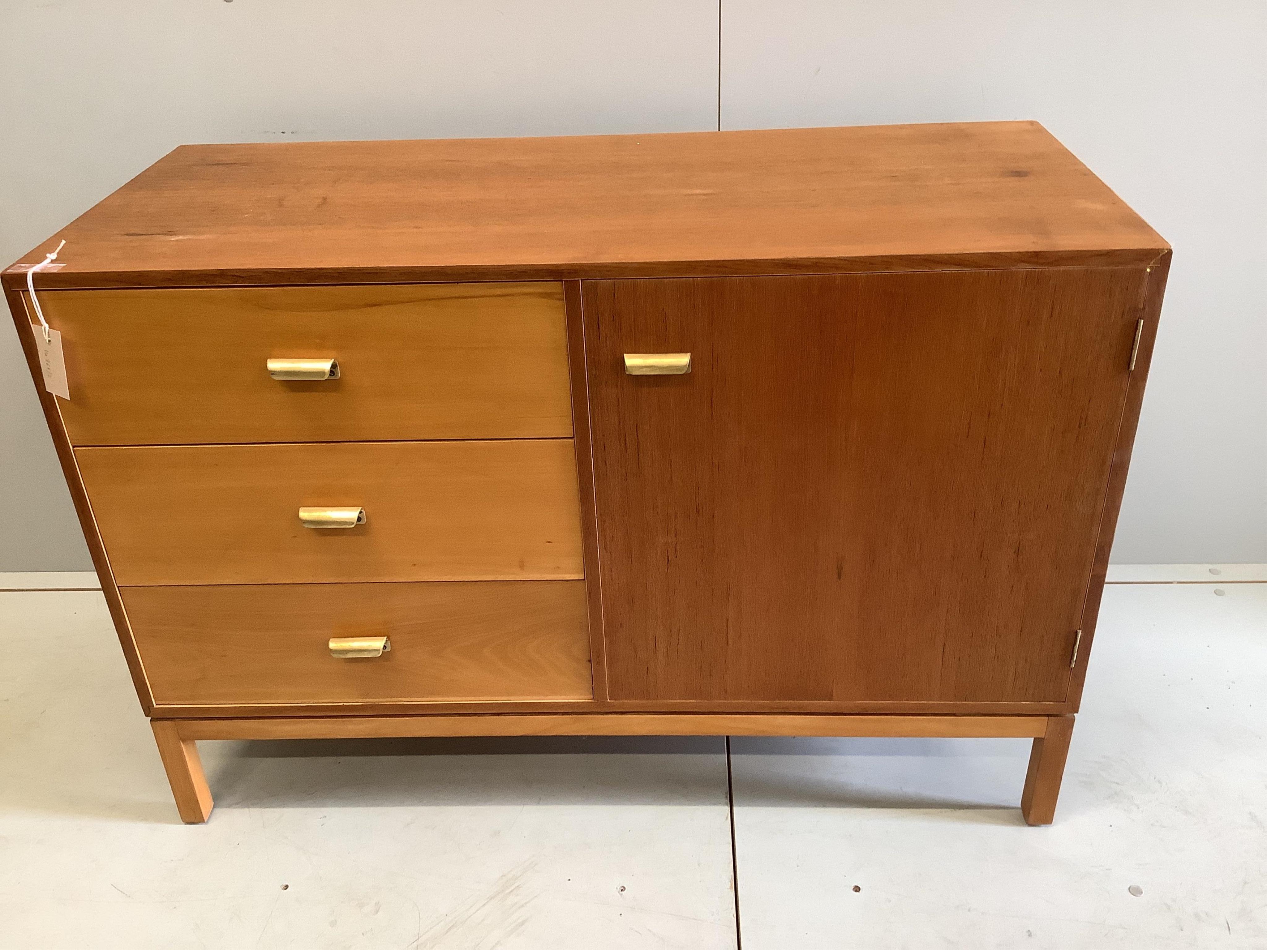 A 1950's Heal's teak cabinet, width 107cm, depth 45cm, height 72cm. Condition - fair
